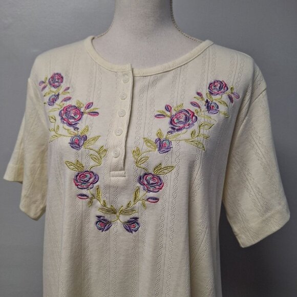 Sarah Morgan Shirt Embroidered Floral Off White Quarter Button Womens Large - Picture 6 of 9
